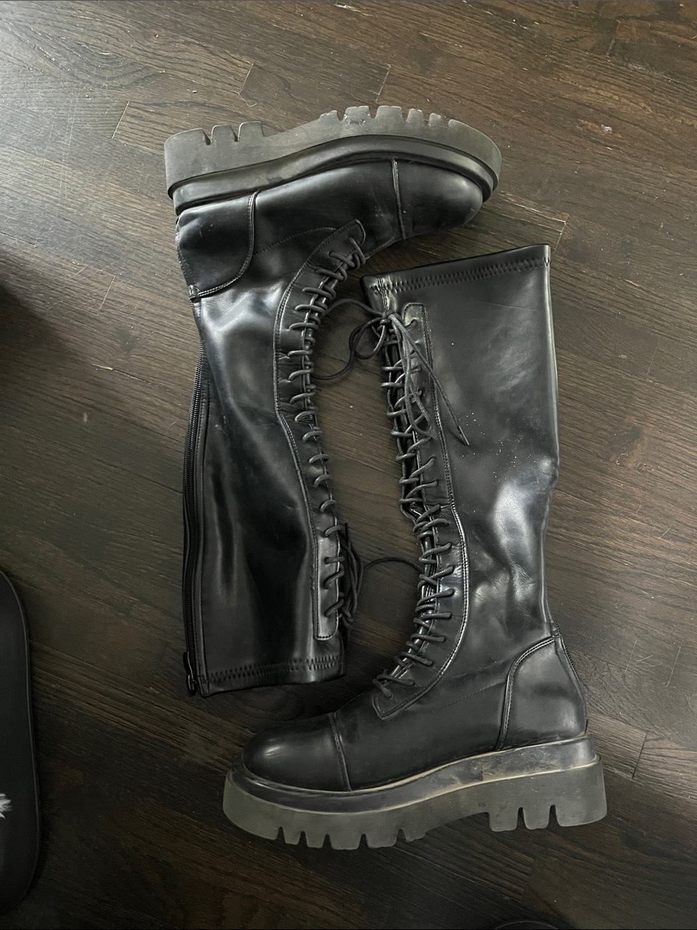 Womens Black Lace-Up Knee-High Combat Boots